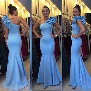 Elegancki Niebieski Tanie Syrenki Suknie Wieczorowe Jedno Ramię Ruffles Długość podłogi Formalne wieczorowe Party Dress Specjalne okazje Suknie Vestidos