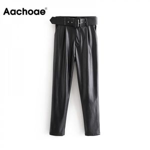 Aachoe Women Chic Black Pu Faux Calças de Couro Moda Cintura Alta Bolsos Senhoras Escritório Calças com Cinto Casual Pants Calças 201113