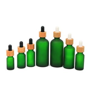 Flacon compte-gouttes en verre givré 10 ml 15 ml 20 ml 30 ml 50 ml avec couvercle en bambou bouteilles d'huile essentielle vert givré