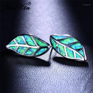 Stud JUNXIN Charm Plant Tree Leaf Earrings For Women Silver Color Green White Blue Fire Opal Wedding Gift1