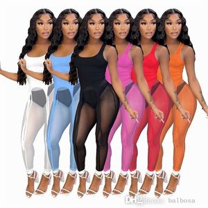 Sexy sheer yoga pants Tracksuits Womens 2023 Designer Clothing Summer Vest And Mesh Pants Two Piece Set Perspective Sports Suit