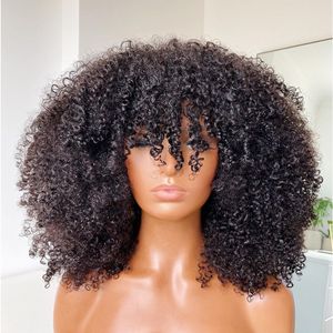 Afro Kinky Curly Wig med Bangs Machine gjorde hårbotten 180 200 250 Densitet Remy Brasilianska Kort lockigt mänskliga hår peruker