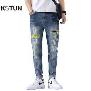 Ripped Jeans Men Slim Fit Blue Stretch Spring Distressed Punk Jeans Painting Destroyed Jean Man Patchowrk Streetwear Motocycle G0104