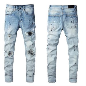 Mens Designer Jeans Star High Elastics Distressed Ripped Slim Fit Motorcykel Biker Denim för män s Fashion Black Byxor # 032