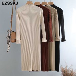 Kalın Sonbahar Kış Düz Kazak Elbise Sıcak Chic Temel Örgü Dres Gevşek Midi Elbise Kadın Casual Elbise 211221