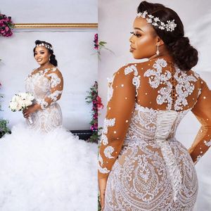 Vintage Plus Size African Mermaid Wedding Dresses 2021 Nude Lining And White Lace Appliqued Illusion Long Sleeve Beaded Pearls Bridal Gowns