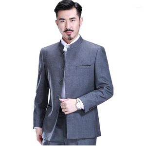 Erkek Takım Elbise Blazers Toptan-Erkek Takım Elbise Yaka Çin Tunik Profesyonel Tai Chi Resmi Durumlar İki Parçalı Tek Göğüslü Suit1