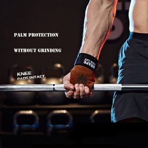 Tyngdlyftande Gymhandskar Handskydd Grepp Krokar Träningsremmar Läder Palm Leather Padded Wrist Wraps Crossfit Deadlifts Q0107