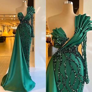 One Shoulder Mermaid Prom Klänningar 2022 Långärmad Full pärlstav Lace Stain Hunter Green Aso Ebi Evening Eneagament Dress