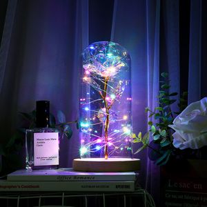 Enchanted Forever Rose Flower Gold Foil Rose Flower LED Light Artificial Flowers In Glass Dome Party Decorations Gift For Girls Y1128