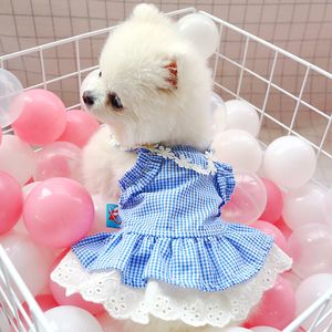 Dress Mini Blue Grid Sun Lace Spring Summer Clothes For Small Party Dog Skirt Puppy Pet Costume Pets Outfits LJ200923251t