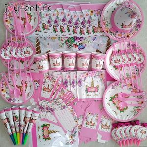 81 teile/satz Einhorn Party Supplies Rosa Regenbogen Einhorn Banner Teller Tassen Servietten Strohhalme Baby Dusche Kinder Geburtstag Dekorationen 200929