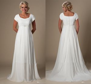 Informal Ivory Lace Chiffon Beach Modest Wedding Dresses With Cap Sleeves A-line Temple Bridal Gowns Floor Length Wedding Gowns