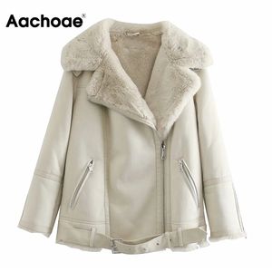 Aachoae Winter Streetwear Fur Faux Leather Jacket Women Fashion Thick Warm Coat Female Zipper Up Sashes Jackets Coats 201017