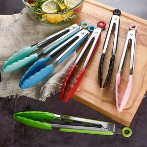 9" Heat Resistance Non-slip silicone Food Tongs BBQ Tools Kitchen Cooking Tong Sturdy Grilling Barbeque Brushed Locking Tongs