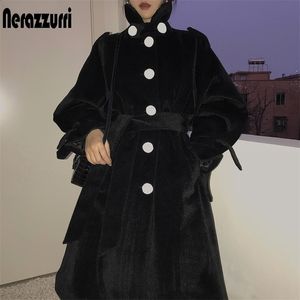 Nearazzurri зимний негабаритный черный длинный пушистый Fuluffy Fux Fur French Pair для женщин Raglan рукав пояс белые кнопки плюс размер мода 201212
