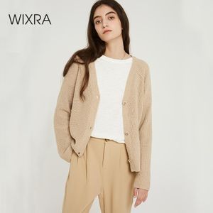 Wixra 여성 세련된 니트 카디건 가을 봄 순수한 컬러 V 목 플레어 슬리브 버튼 캐주얼 숙녀 스웨터 LJ201017