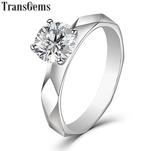 Transgems 14K White Gold Solitaire 1CT 6.5mm F Color Engagement Ring for Women Wedding Gold Ladies Ring Y200620