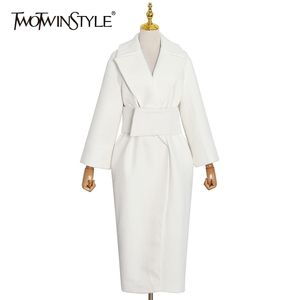 TwotwinStyle 여성용 옷깃 긴 소매 높은 허리 벨트 기질 방풍기 여성 겨울 패션 201216을위한 우아한 트위드 코트