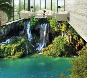 Оптовая продажа-3 D PVC настил пользовательские 3D полы для ванной романтический зеленый горный поток водопад 3 D настольные росписью роспись обои1