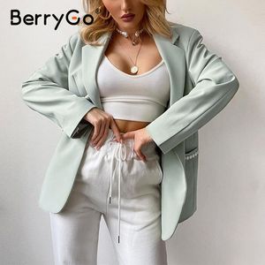Berrygo Button Pearl Mint Green Suit 블레이저 여성 우아한 사무실 숙녀 블레이저 코트 긴 소매 주머니 가을 겨울 블레이저 201102