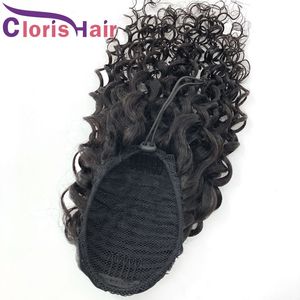 Extensões úmidas e onduladas do cabelo humano do rabo de cavalo com clip ins para as mulheres negras Natural Malásia Virgem Water Water Ajustável rabos de cavalo