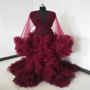 Real Image Women Night Gown Pyjama Dark Red Bathrobe Bride Sleepwear Ruffles Soft Tulle Robes Custom Made Pregnant Dress187p