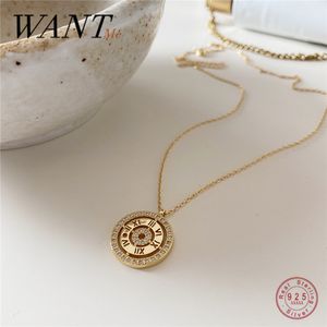 WANTME Genuine 100% 925 Sterling Silver Luxury Zircon Clock Watch Roman Numeral Pendant Necklace for Women Jewelry Accessories Q0531