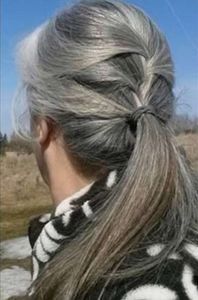 Salt and pepper grey human hair ponytail hairpiece, wraps Dye free natural hightlight brown silver gray hair ponytail french braids