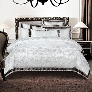Luxo Jacquard Bedding Conjunto de Algodão Bedsheet Pillowcase Rainha King Size Bege Duvet Capa Fronha T200706