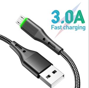 مصباح LED 3A نوع C Micro USB كابلات شحن سريع لسلك الهاتف المحمول Samsung Android مضفر