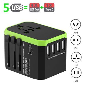 Adattatore da viaggio Adattatore per cavo di alimentazione universale internazionale All-in-one con 5 caricatori da parete USB universali per Regno Unito/UE/USA/Asia