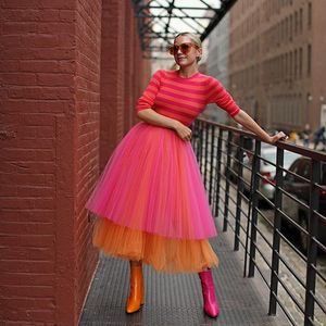 スカートシックな 2 ミックスカラーチュールスカート女性のためのティアードレイヤードティー丈ミッドカーフプロムパーティーハイストリートファッションサイアファルダス
