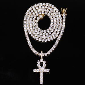 Hip hop iced zircon ankh kors hänge med 4mm tennis kedja halsband sätta micro pave cz stenar män smycken