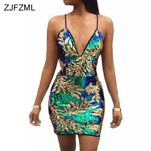 Zjfzml sexy sequestro di oro in oro vestito donna v collo senza maniche abiti da festa senza schiena abito paillettes senza sequestro vestidos t200319