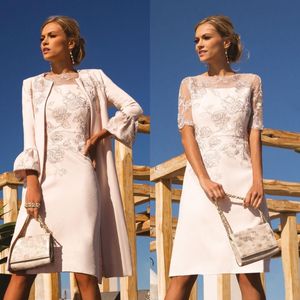 Vestidos elegantes para mãe da noiva com jaqueta na altura do joelho vestidos de casamento de cetim manga longa 3/4 roupa formal para mulheres