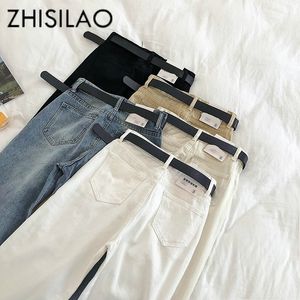 Donne dritte solide cinture vintage casual vita alta taglie forti jeans fidanzati mamma pantaloni denim bianchi 201106