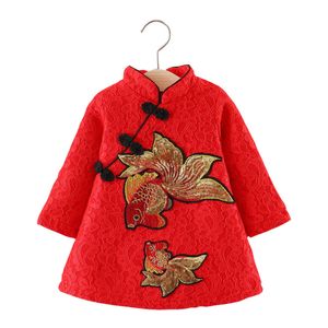 여자 옷 중국어 스타일 새해 소녀 드레스 수 놓은 청사 드레스 가을 겨울 여자 의류 아이 옷 두꺼운 아기 의류