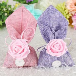 Rose Sweet Love Flower Linen Candy Bag Birthday Wedding Party Favor Gift Box Happy Event Supplies RRB14223