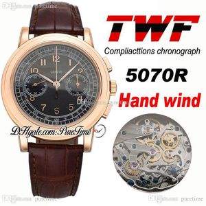 TWF Platinum Compliacttions Chronograph 5070J Hand Winding Automatic Mens Watch 18K Rose Gold Black Dial Brown Leather PTPP Puretime P5g7