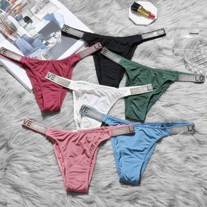 Sexy Women's G String Thong Letter LOVE Rhinestone Lingerie Low-waist Temptation Thong Silky fabric Panties Ladies Underwear