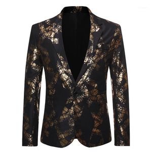 Men's Suits & Blazers Men One Button Gold Foil Stamping Golden Floral Printed Suit Club Stage Wedding Sport Slim Formal Fit Casual Blazer1