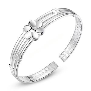 Mode Sterling Silver Bangles Blomma Öppna Justerbara Armband Kvinnors Smycken Partihandel