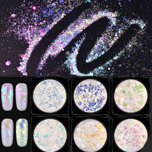 6 sztuk / zestaw Aurora Unicorn Nail Art Glitters Mieszane Sześciokąt Paznokci Proszek Cekiny Mermaid Paznokci Płatki Holograficzne Manicure Dekoracje