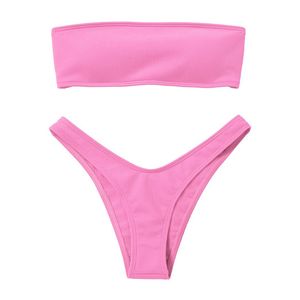 Bikini a fascia con lacci posteriori regolabili da donna Bikini con spalle scoperte Costume da bagno a costine Costume da bagno femminile Costume da bagno rosa sexy LJ200825