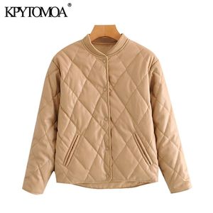 KPytomoa Women Fashion Faux Leather Loose Padded Jackla Coat Vintage Long Sleeve Pockets Female Outerwear Chic Tops Y201001