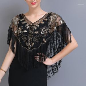 Scarves Women 1920s Sequined sjal med tofsar Beaded Pearl Fringe Sheer Mesh Wraps Gatsby Flapper Bolero Cape Cover UP1