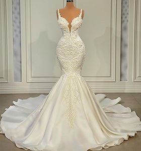 2022 Plus Storlek Arabisk Aso Ebi Mermaid Sexig Lyxig Bröllopsklänning Spaghetti Lace Beaded Bridal Gowns Dress ZJ334