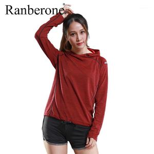 Gymkläder Ranberone Kvinnors långärmad T-shirt Sweater Tunn Andningsbar Fitness Sportkläder Solid Färg Hooded Storlek S-2XL Kläder1
