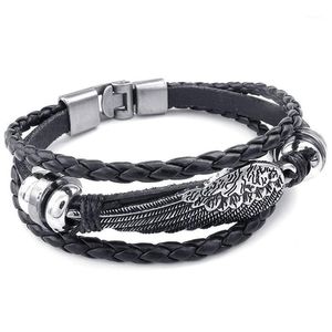 Charme pulseiras retro metal fivela pulseira jóias asa anjo trança trança cuff liga de couro fantasia para homem e mulher cadeia mão cor preta1